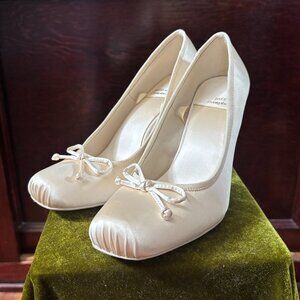 Jeffrey Campbell NYMPHA Light Yellow Satin Balletcore Heels with Ribbon Lace Ups
